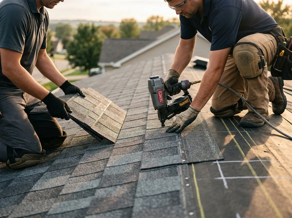 Professional roofer working on a residential roof in New Holland